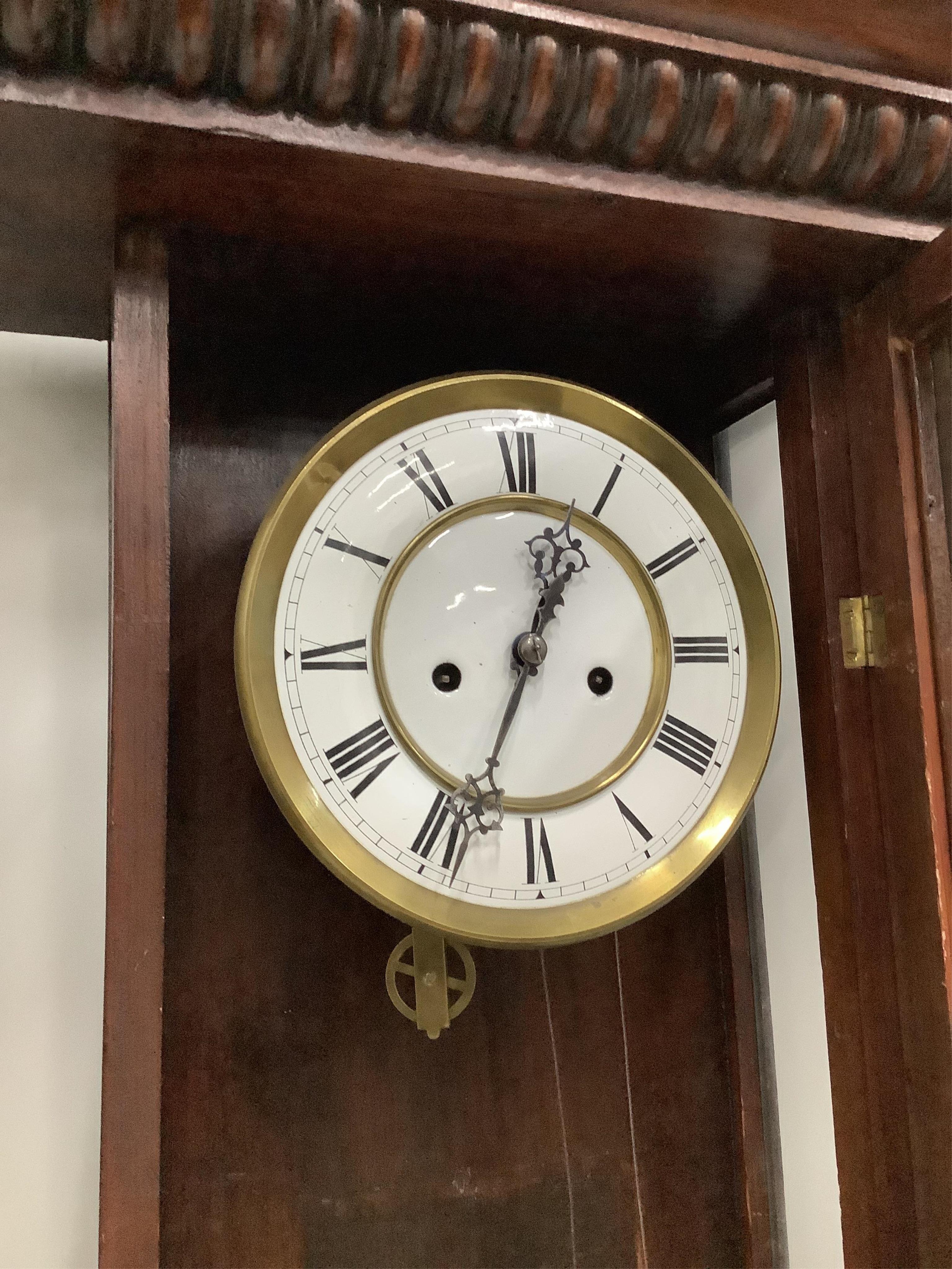 A late 19th century mahogany Vienna style regulator wall clock, with an eight day movement, height 124cm. Condition - fair but lacks weights and pendulum